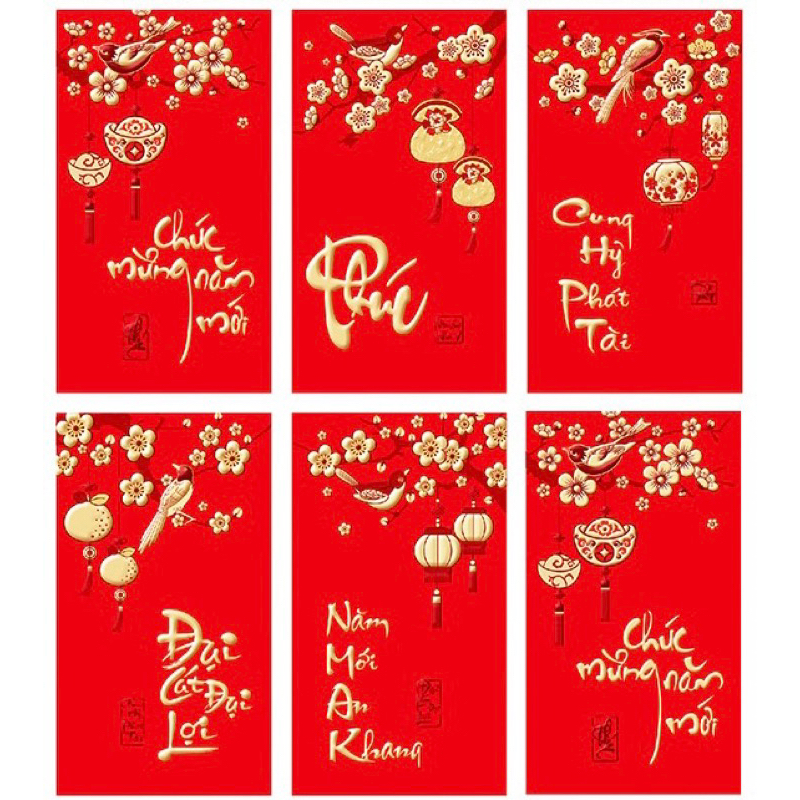 Lì Xì Tết Xuân Giáp Thìn 2024, Lì Xì 6 Chiếc Màu Đỏ Truyền Thống Thiết Kế 3D Chữ Nổi Nhũ Vàng Vô Cùng Đẹp Mắt