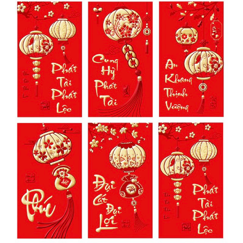 Lì Xì Tết Xuân Giáp Thìn 2024, Lì Xì 6 Chiếc Màu Đỏ Truyền Thống Thiết Kế 3D Chữ Nổi Nhũ Vàng Vô Cùng Đẹp Mắt
