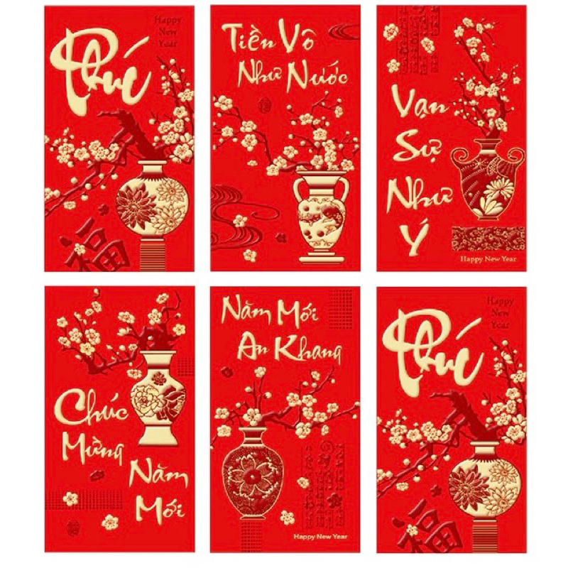 Lì Xì Tết Xuân Giáp Thìn 2024, Lì Xì 6 Chiếc Màu Đỏ Truyền Thống Thiết Kế 3D Chữ Nổi Nhũ Vàng Vô Cùng Đẹp Mắt