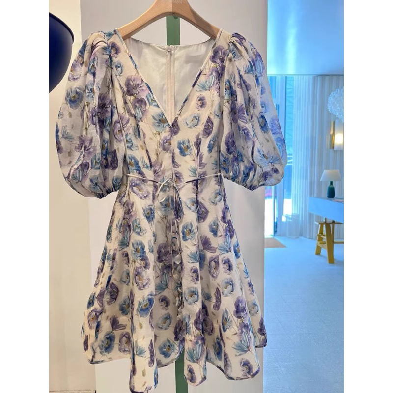 Váy hoa tơ tím xanh ZMM