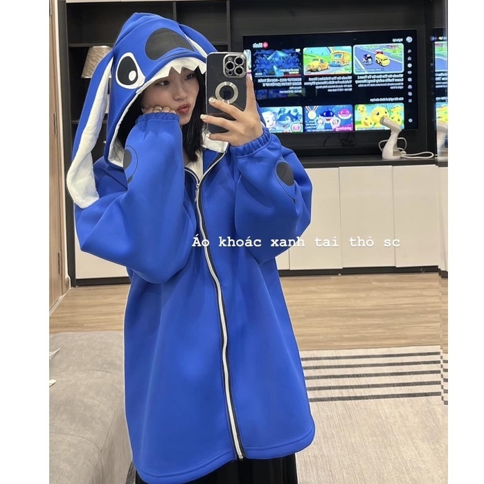 Áo khoác có mũ kiểu dáng gấu stick chất nỉ màu xanh form rộng, áo hoodie zip unisex hot trend M12