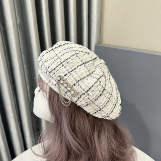 Mũ nón bánh tiêu mũ nồi beret vải tweed đính hạt châu lissu