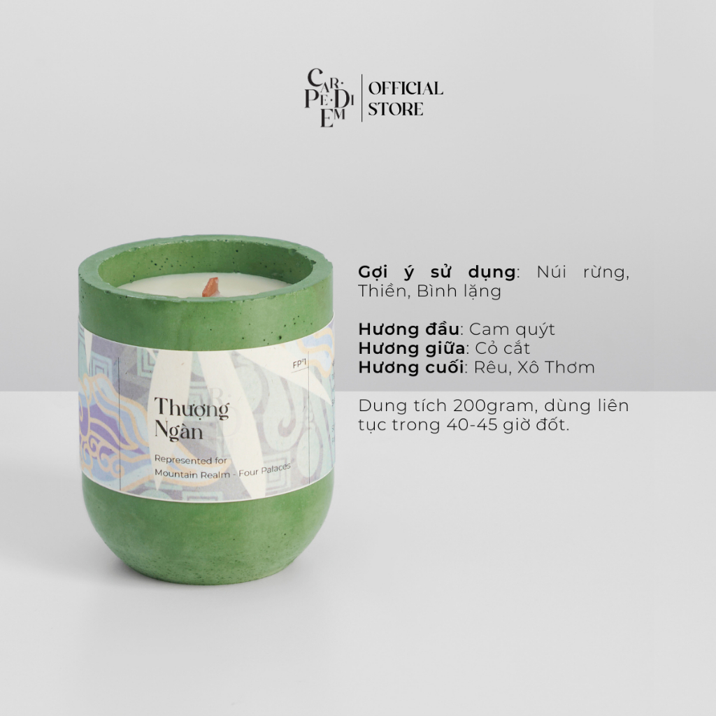 Nến thơm thủ công Car pe di em Thượng Ngàn Hũ xi măng màu xanh mùi hương núi rừng thiên nhiên Hàng thủ công