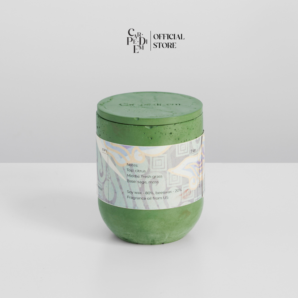 Nến thơm thủ công Car pe di em Thượng Ngàn Hũ xi măng màu xanh mùi hương núi rừng thiên nhiên Hàng thủ công