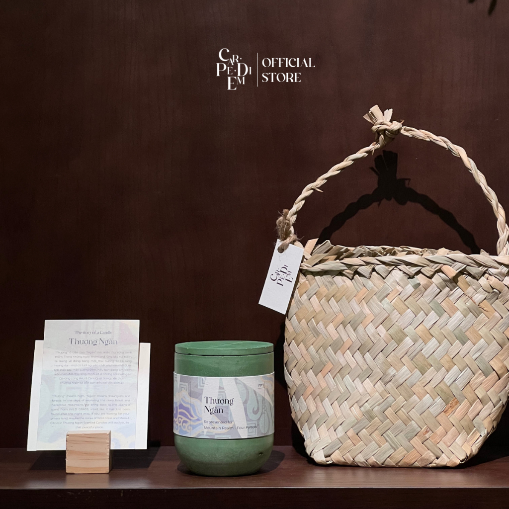 Nến thơm thủ công Car pe di em Thượng Ngàn Hũ xi măng màu xanh mùi hương núi rừng thiên nhiên Hàng thủ công