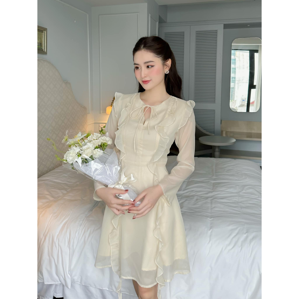 Ceci Cela- Đầm tay dài voan dây tua rua Marti