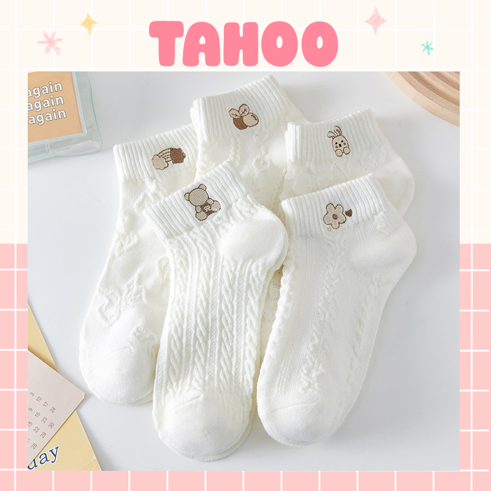 Set 5 đôi tất vớ họa tiết trắng gân gấu thỏ cute