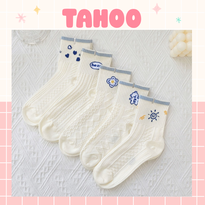 Set 5 đôi tất vớ nữ cổ cao cotton trắng gân viền xanh dương có họa tiết hot trend