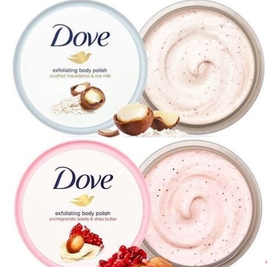 Tẩy Tế Bào Chết Dove exfoliating body scrub hương lựu và hạnh nhân/  Body Scurb Hạt macca 225ml