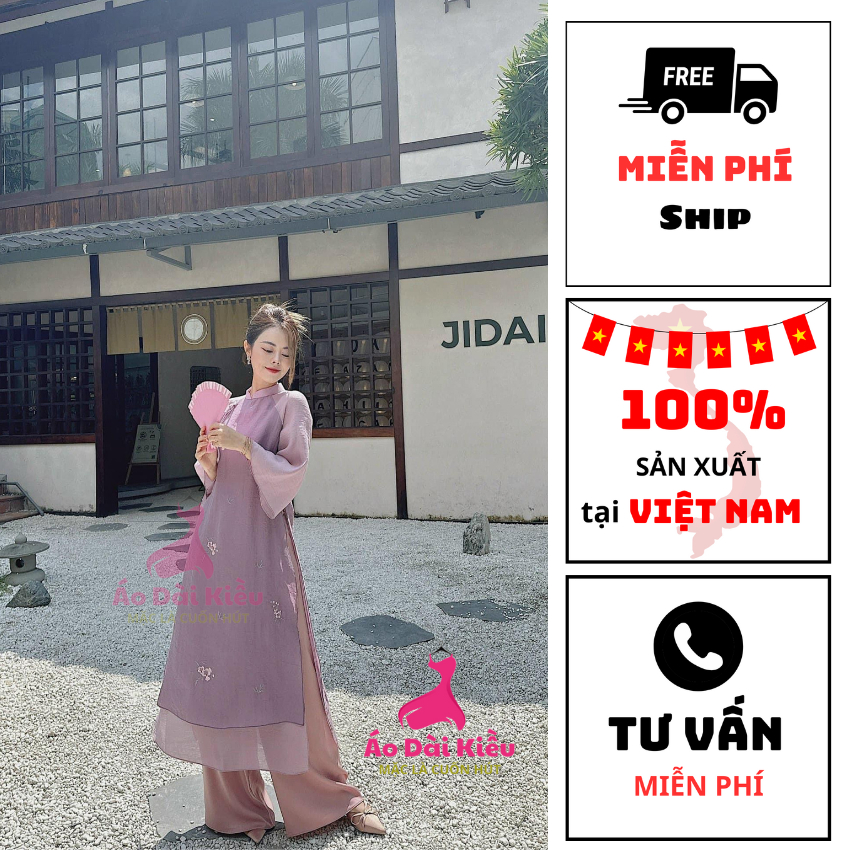 Áo dài cách tân D7 thêu hoa nổi bật chất vải lụa đũi mặc thoáng mát ( Hàng đặt )
