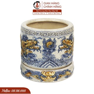 Bát hương men rạn Bát Tràng đắp rồng nổi kèm chân