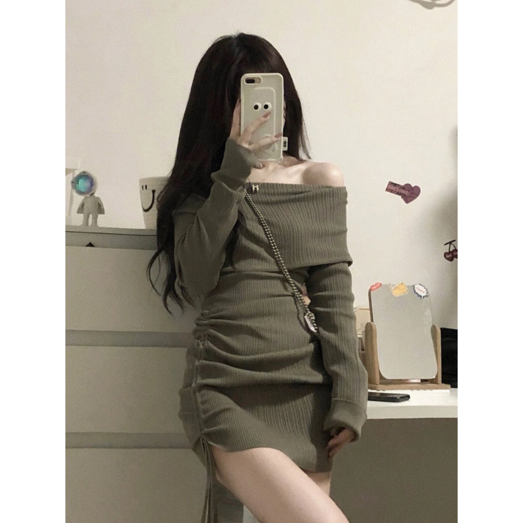 Đầm body trễ vai Ruby có dây rút, Đầm ôm body dài tay len tăm phong cách sexy