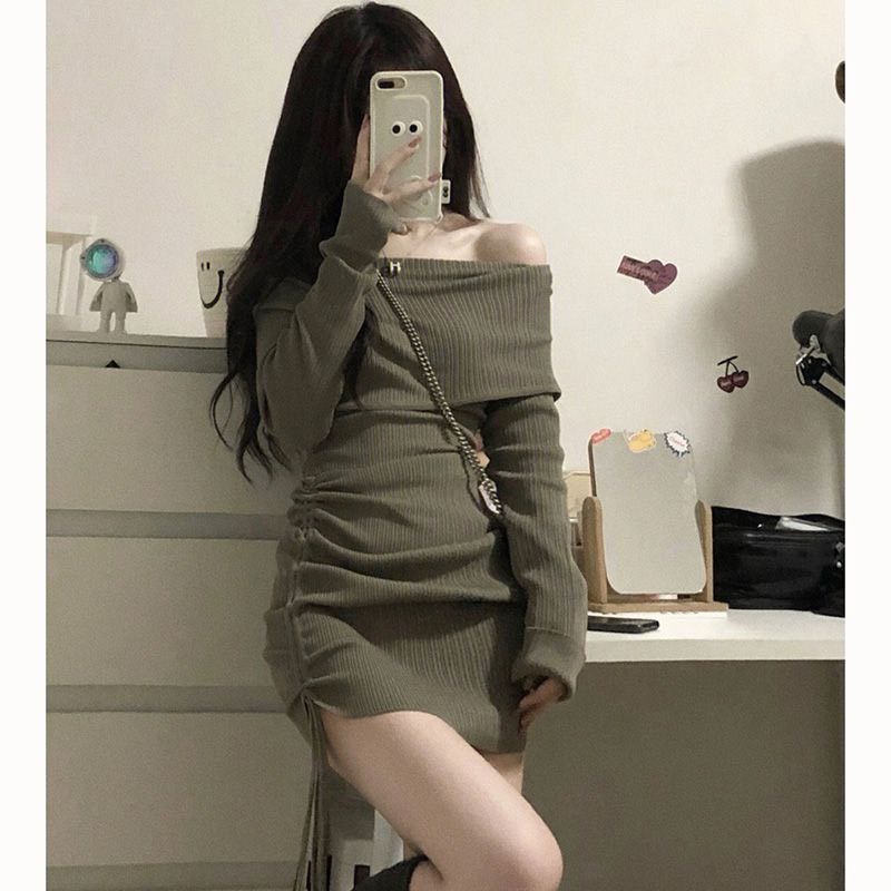 Đầm body trễ vai Ruby có dây rút, Đầm ôm body dài tay len tăm phong cách sexy