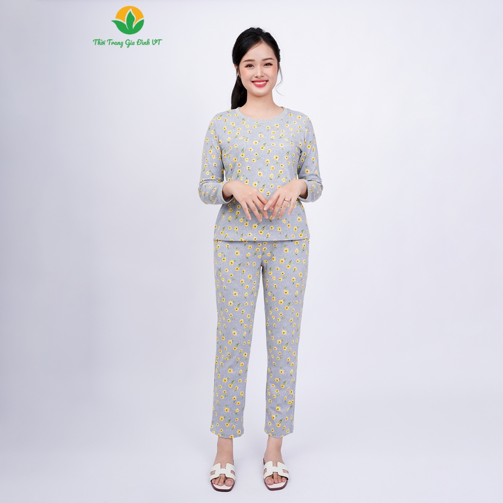 Đồ bộ mặc nhà nữ thu đông thời trang Việt Thắng chất Cotton dệt kim, quần dài, áo dài tay hoa - B10.2327