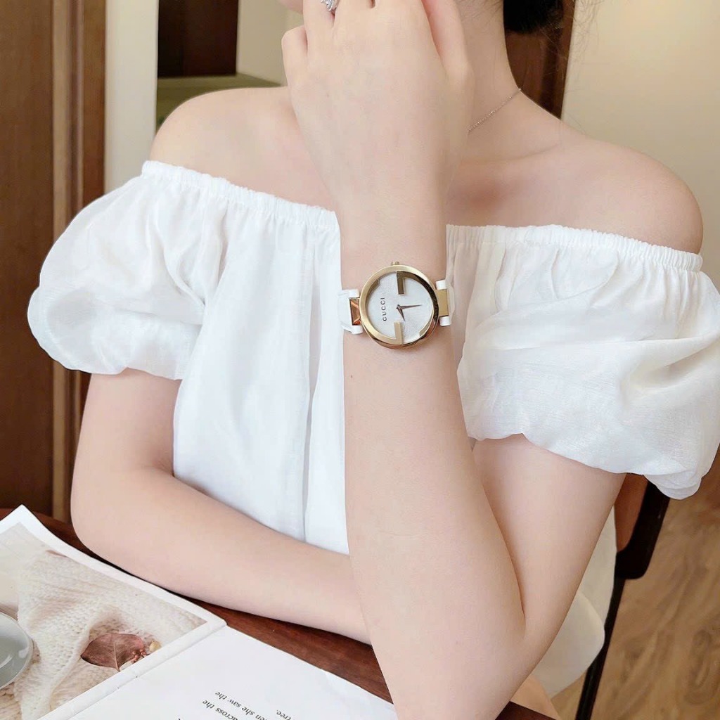 Đồng Hồ Nữ Gucci JAPAN WATCH Dây Da Cao Cấp Mặt Kính Đá Khoáng Chống Trầy Xước Màu Đen