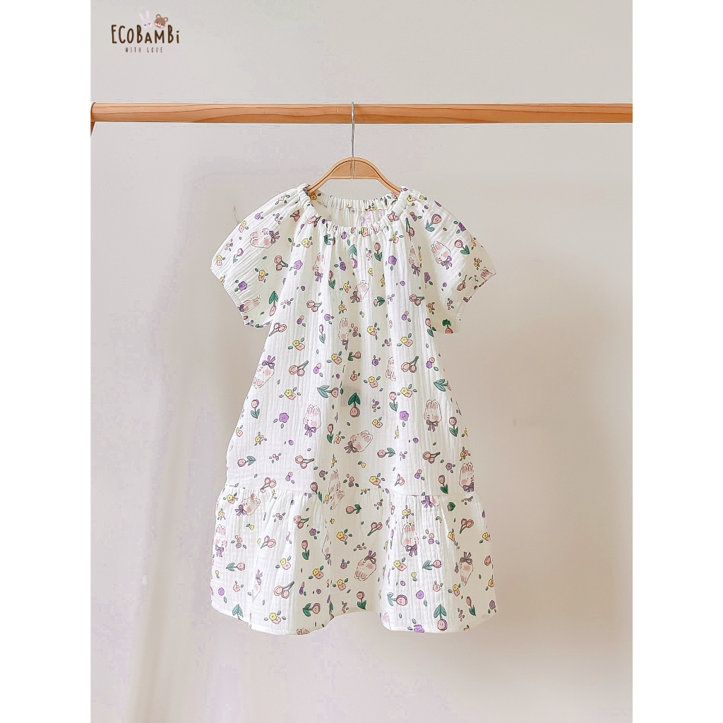 Đầm cotton muslin tay phồng hoa cỏ mùa xuân Ecobambi
