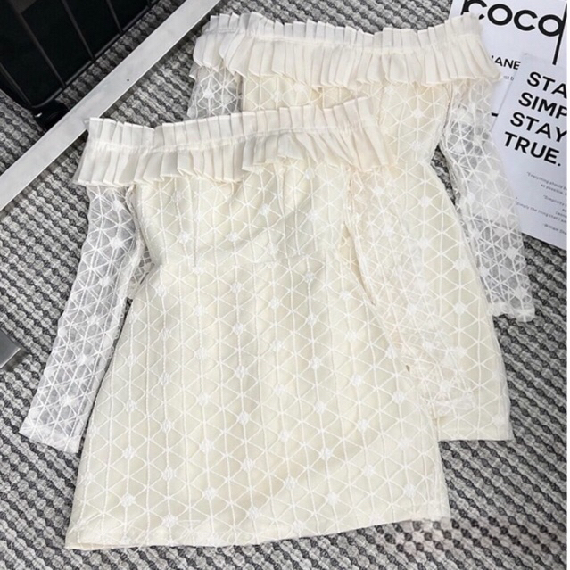 JENNYCLOSET | Đầm trễ vai ren dài tay nhẹ nhàng tiểu thư , Váy dự tiệc phong cách sang chảnh