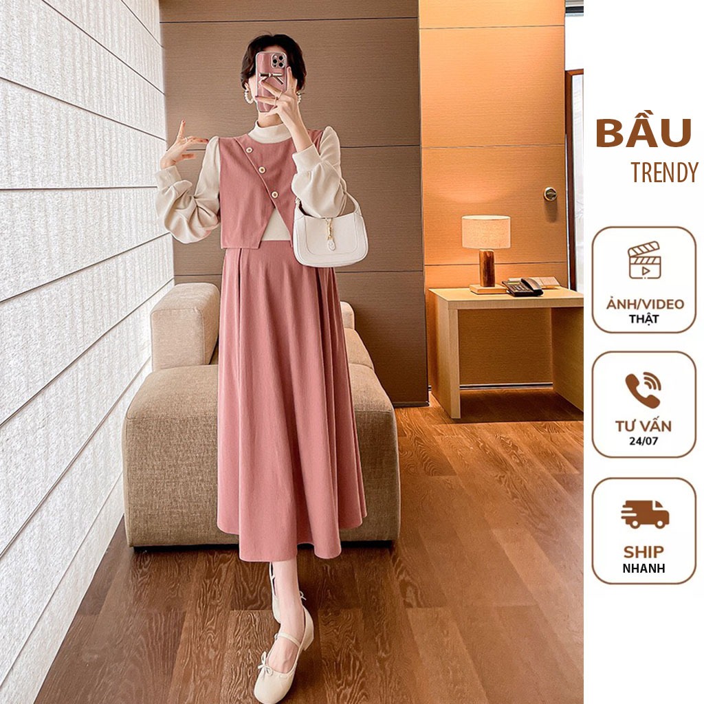 VÁY ĐẦM GIẢ HAI MẢNH  PHONG CÁCH PHÁP CỔ ĐIỂN - ĐẦM BẦU MẪU MƠI MÙA THU 2023 MỚI CHO MẸ BẦU FREE SIZE