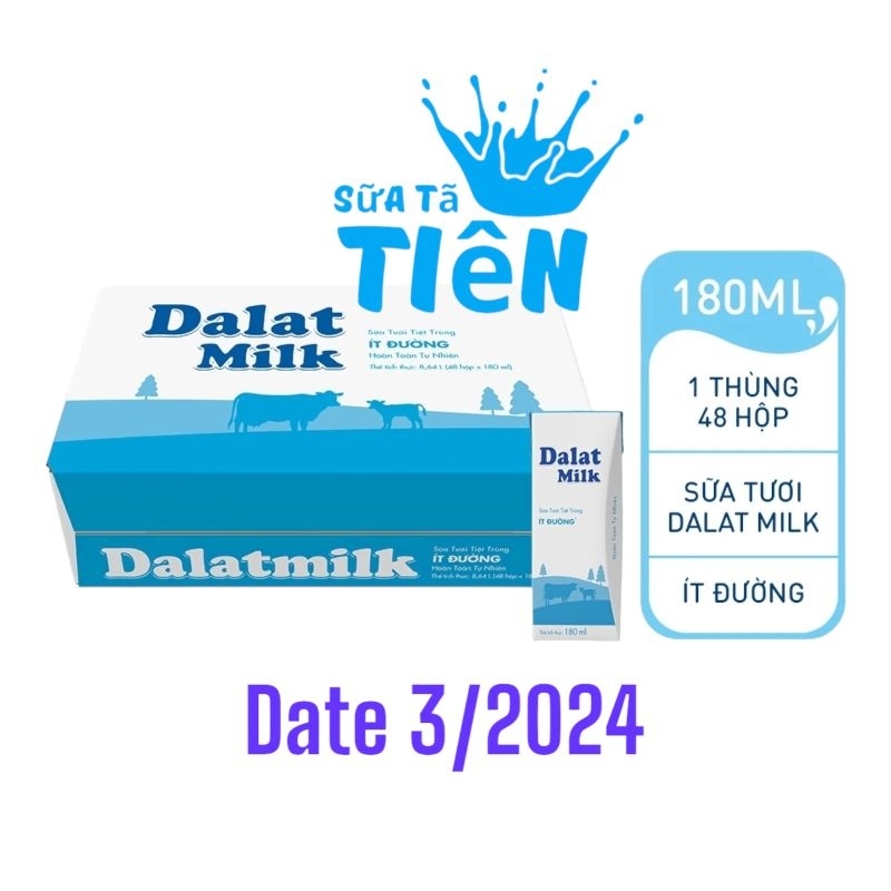 Thùng 48 hộp sữa tươi tiệt trùng ít đường Dalat Milk 180ml/ hộp "GIÁ BÁN ĐÃ TRỪ KHUYẾN MÃI"