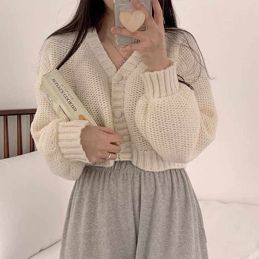 Áo cardigan croptop tay phồng cúc bọc, áo khoác cardigan len nữ dáng ngắn hàn quốc