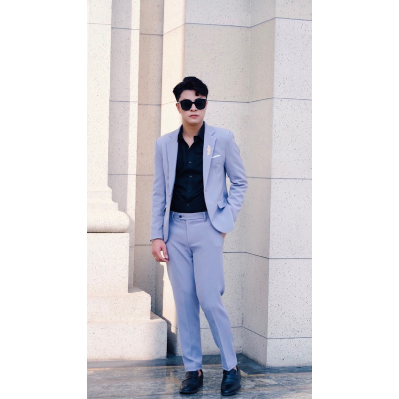 Bộ vest nam màu ghi sáng gồm 1 áo vest +1  quần vest tặng kèm bông lúa cài áo,vest cưới,vest công sở sang trọng,lịch lãm