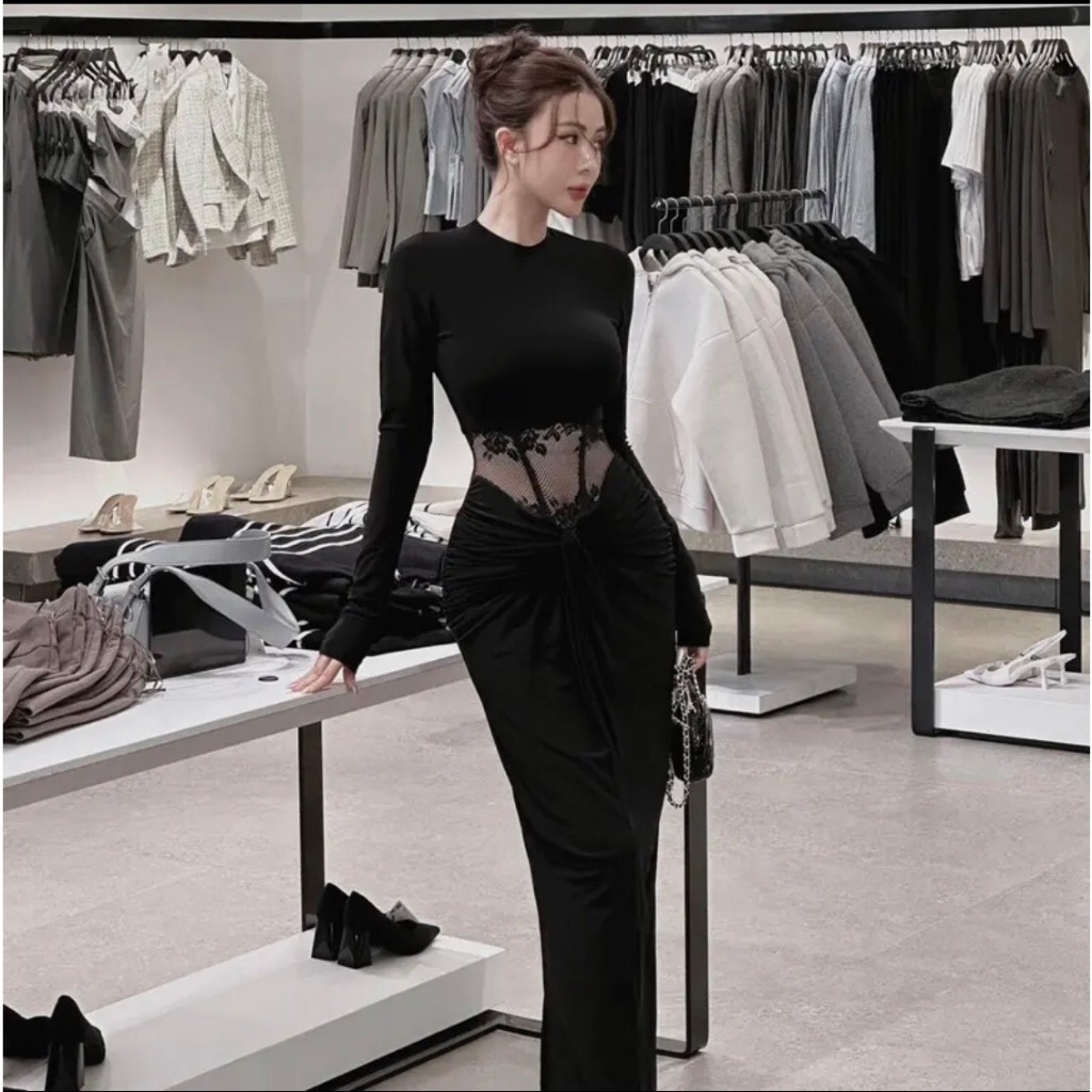 Đầm váy body phối ren eo dài tay, Váy dài tay đáp ren bụng dáng dài quyến rũ sang chảnh thiết kế BAGEO LOẠI 1