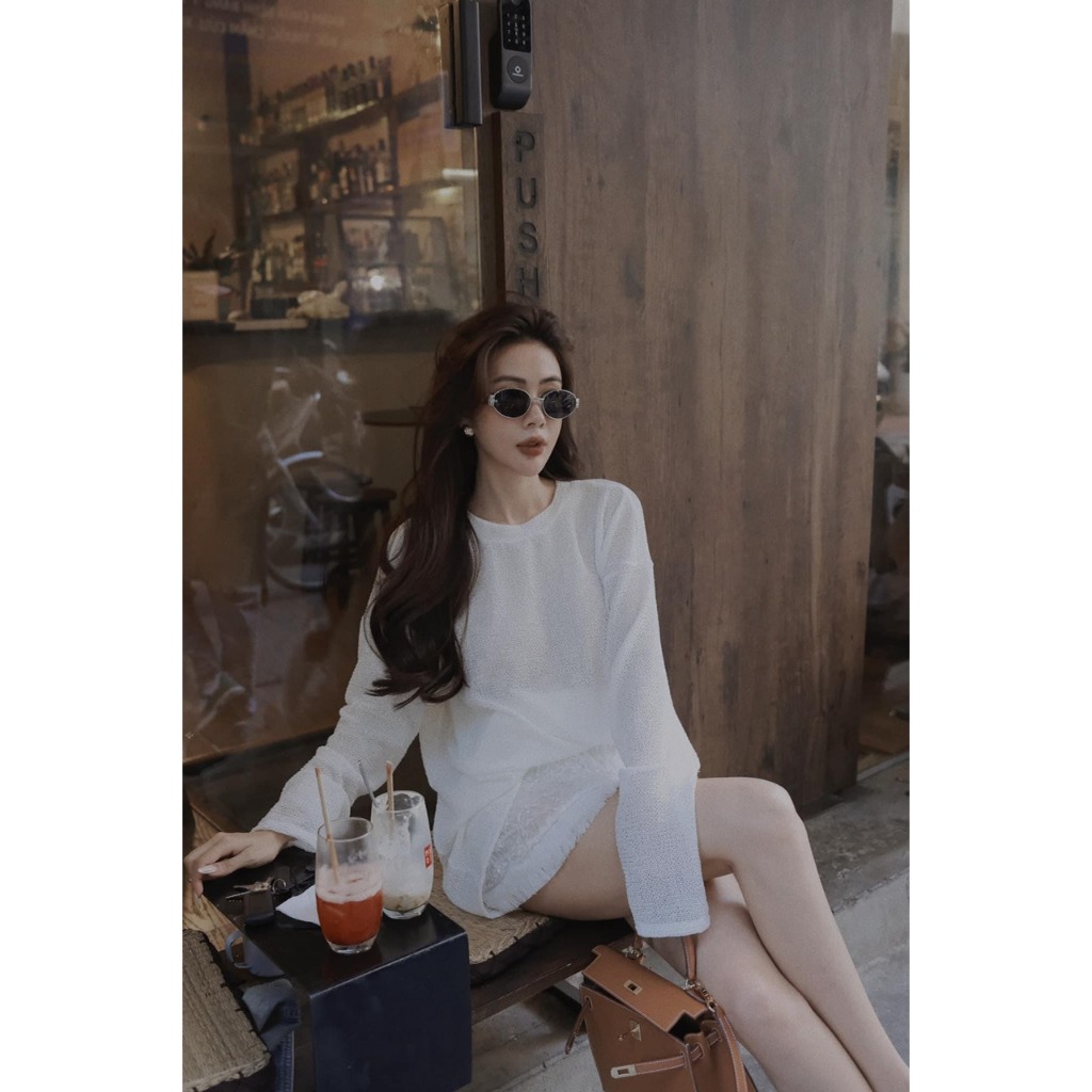 Set đồ nữ áo dài tay chân váy chữ A, set áo len lưới kèm chân váy đính lông trẻ trung đơn giản sang chảnh thiết kế BAGEO