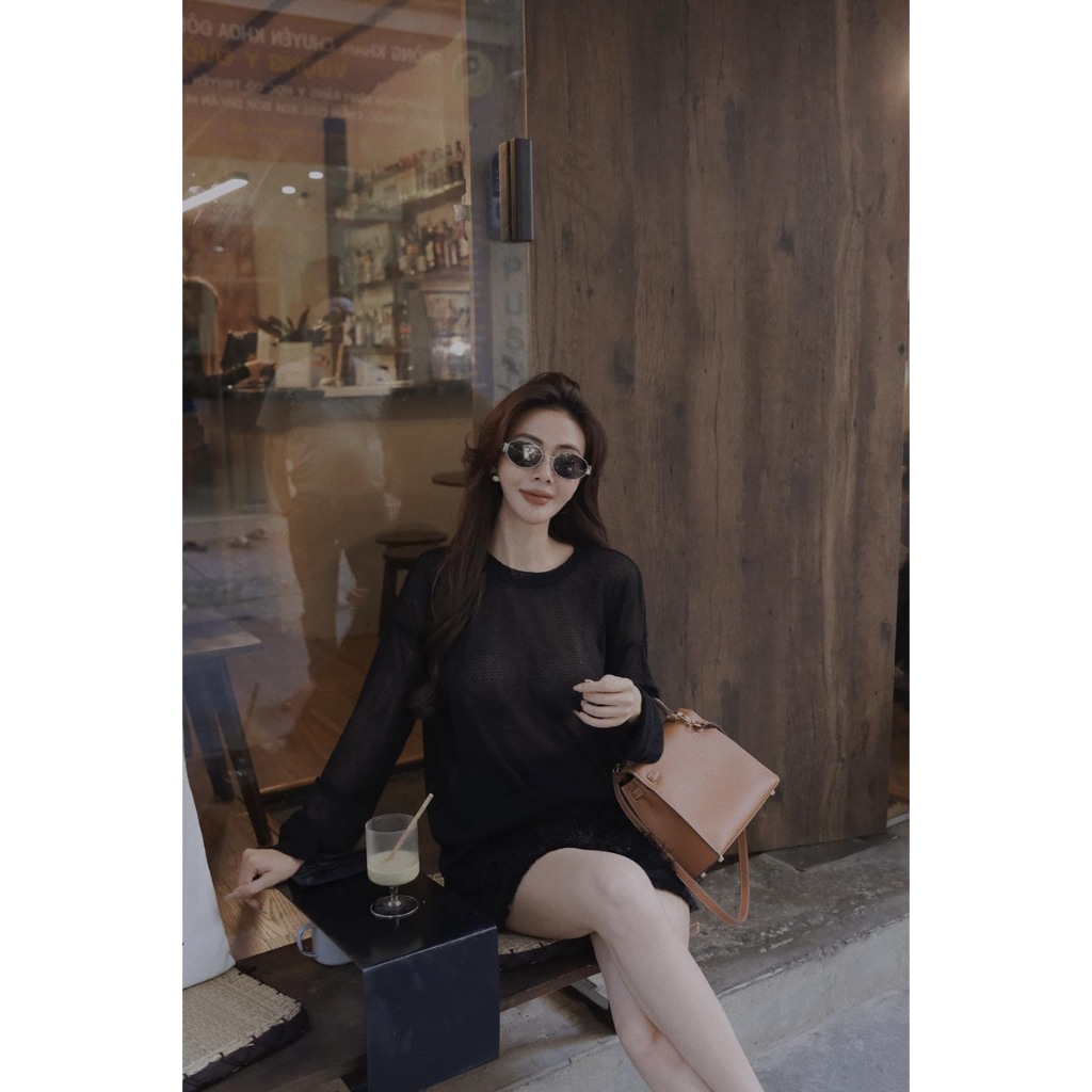 Set đồ nữ áo dài tay chân váy chữ A, set áo len lưới kèm chân váy đính lông trẻ trung đơn giản sang chảnh thiết kế BAGEO