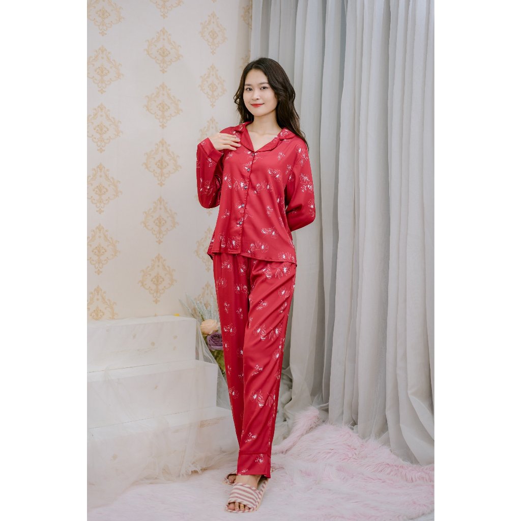 Bộ đồ ngủ mặc nhà ANNA cao cấp dáng dài thu đông họa tiết hình hoa sang chảnh trẻ trung năng động chất lụa mềm mịn