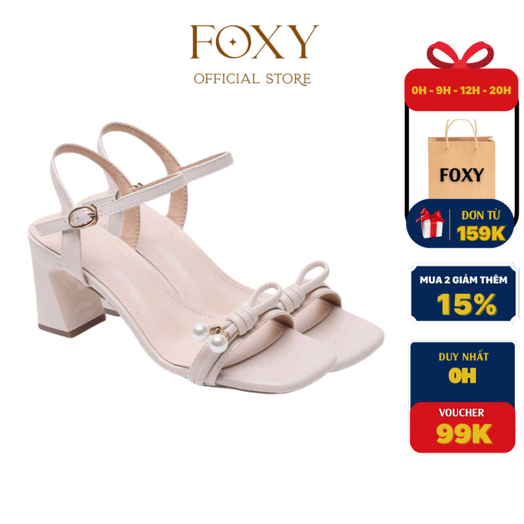 Giày sandal cao gót nữ FOXY quai ngang gắn nơ gót vuông 7cm - FOX105