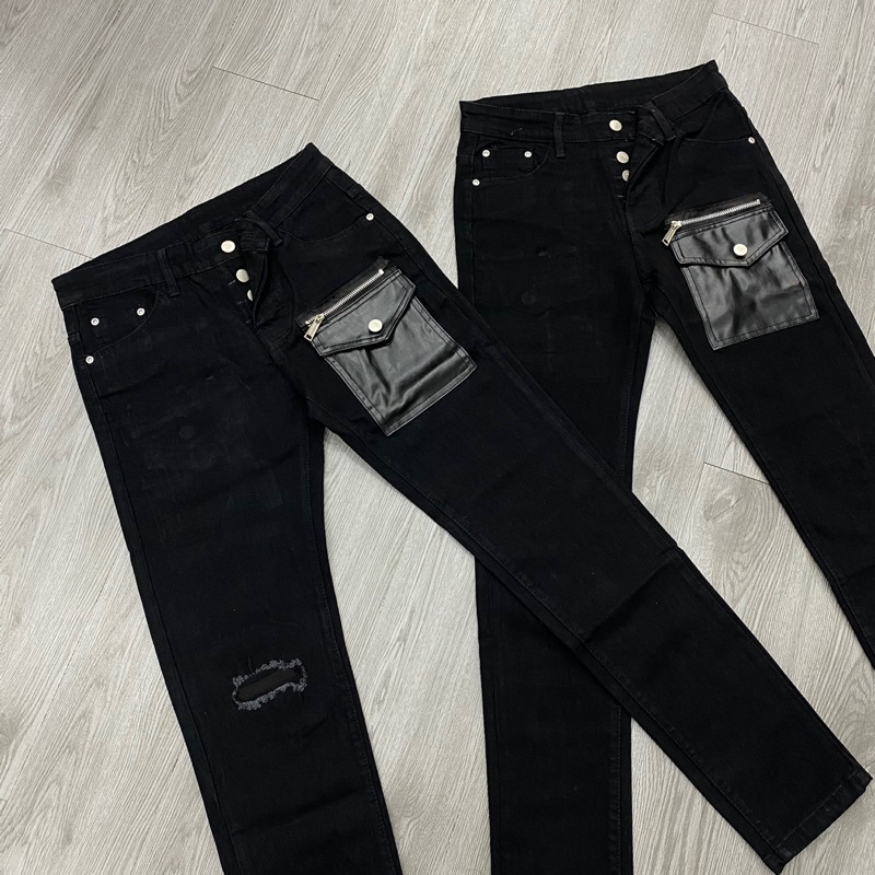 Quần jean dsq2 thêu túi da bản 4 cúc rách gối 1 bên,quần dsq2 đen thêu túi da khoá ngang đơn giản