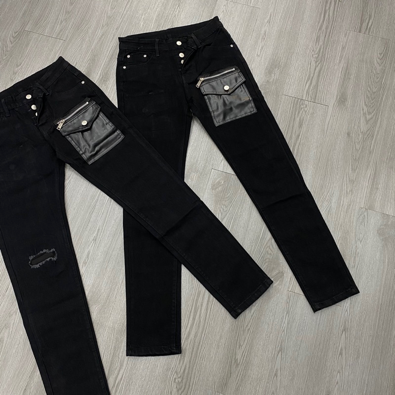 Quần jean dsq2 thêu túi da bản 4 cúc rách gối 1 bên,quần dsq2 đen thêu túi da khoá ngang đơn giản