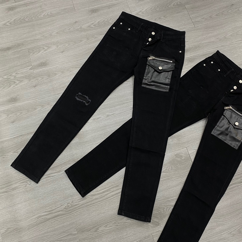 Quần jean dsq2 thêu túi da bản 4 cúc rách gối 1 bên,quần dsq2 đen thêu túi da khoá ngang đơn giản