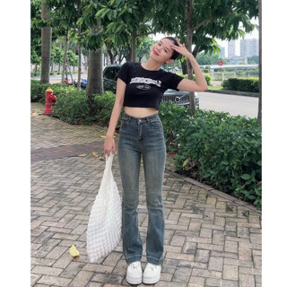 Quần Jean Ống Loe Form Dài Phong Cách Retro (dài 100cm) Lưng Cao