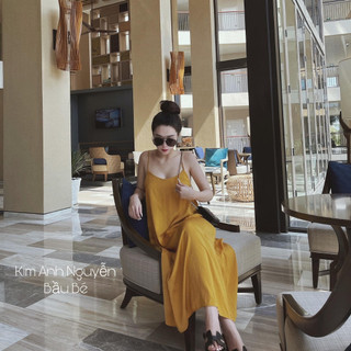 đầm maxi 2 dây dáng dài gơi cảm xinh xắn màu vàng tây