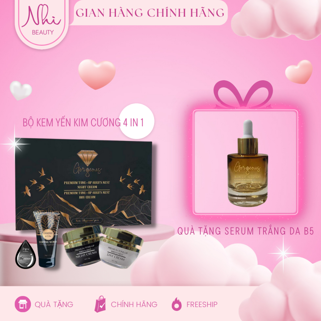 Bộ kem tổ yến kim cương dưỡng trắng da ngày đêm MÚI XÙ GORGEOUS chính hãng