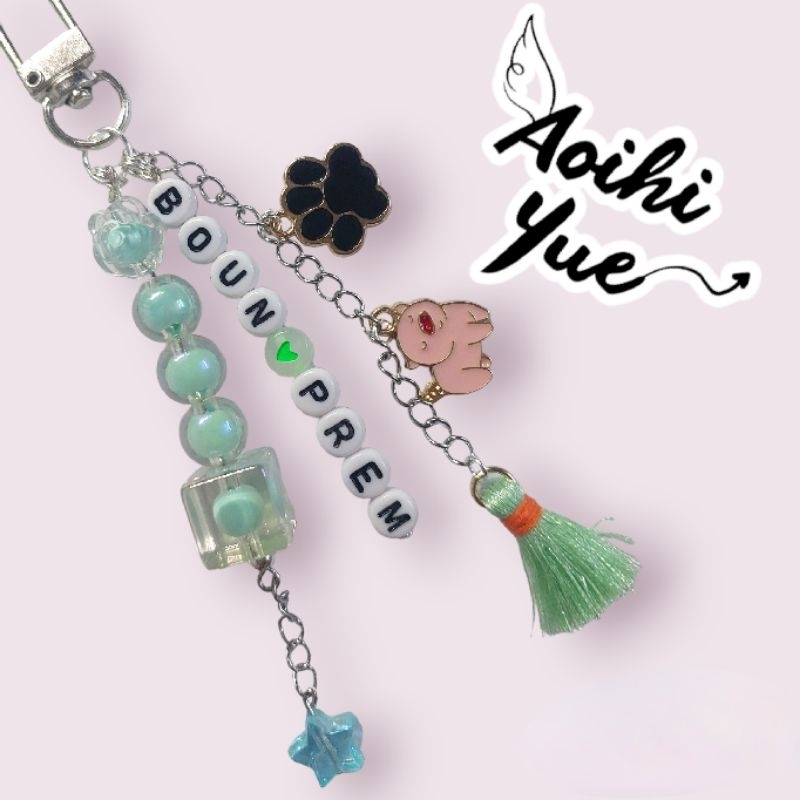 Keychain, Keyring BounPrem màu xanh mint tua rua xanh mini charm chân cún và heo hồng