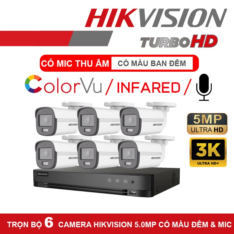 Bộ Camera giám sát Hikvision 5.0Mp 3K, Tích hợp Mic Thu âm, Có màu ban đêm, Đầy đủ phụ kiện lắp đặt - BH 24 tháng