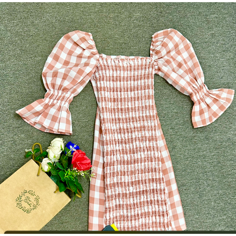 Thanh lý đầm caro hồng Ceci cela size S