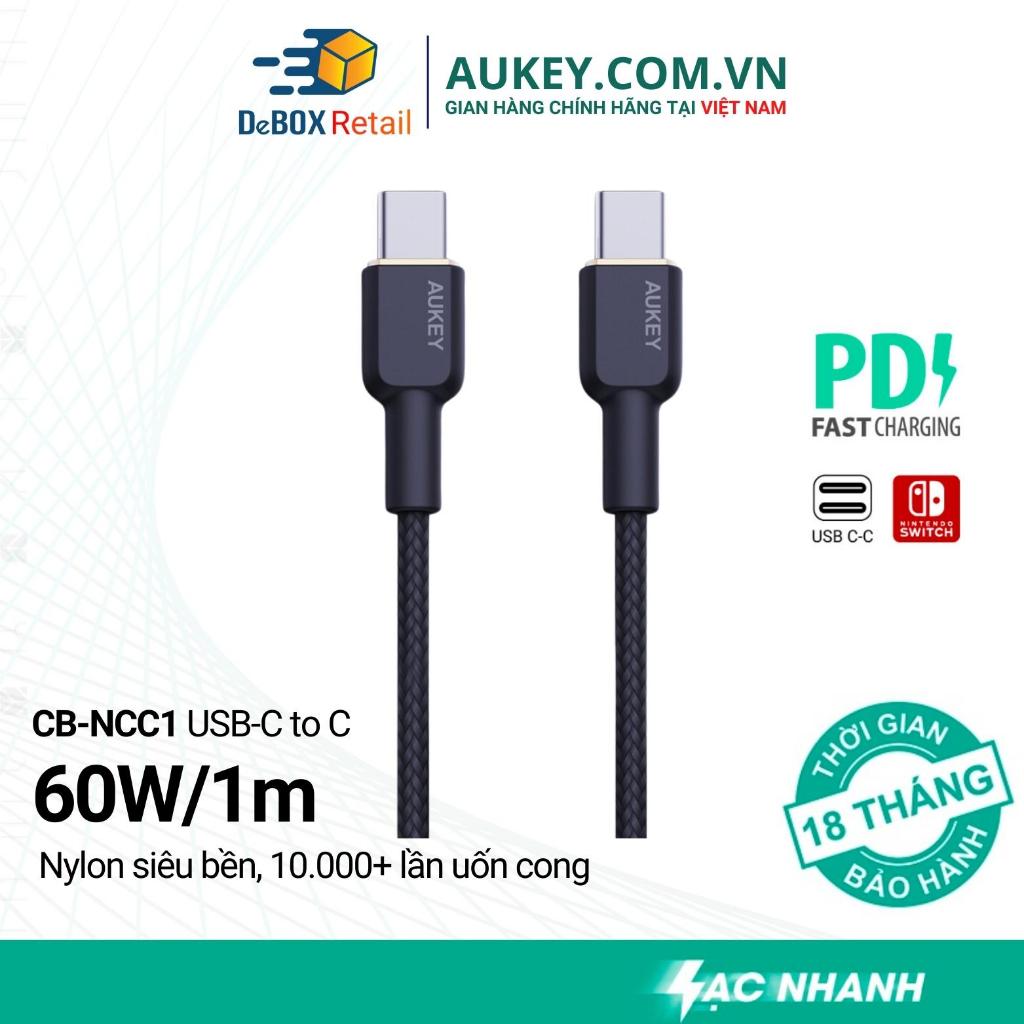 Cáp Sạc Nhanh AUKEY CB-NCC1 USB C to C Hỗ trợ sạc nhanh PD 60W, Bọc nylon siêu bền Dài 1m - Hàng Chính Hãng