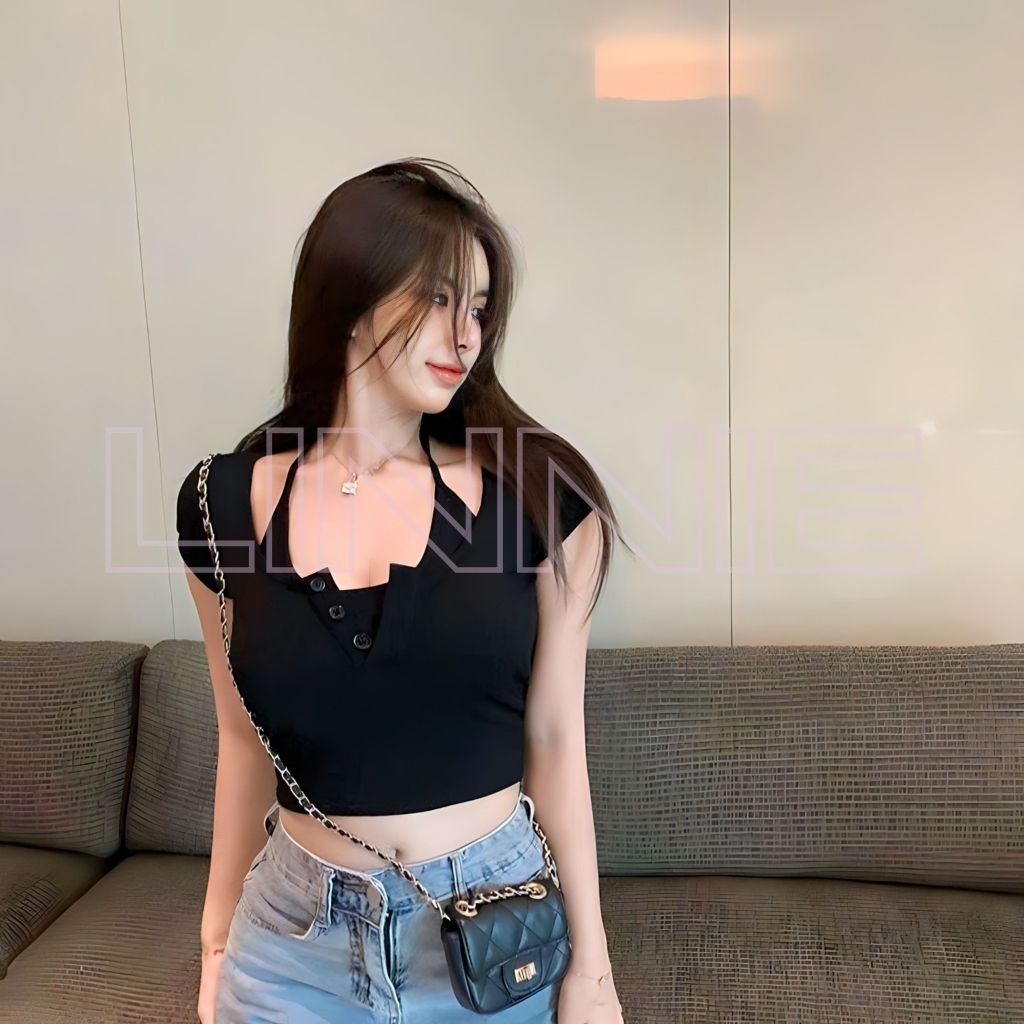 Áo Croptop Ngắn Tay Giả Yếm Linnie - Áo Kiểu Nữ Mặc Hè Vạt Bầu Chất Thun Gân Siêu Xinh C2