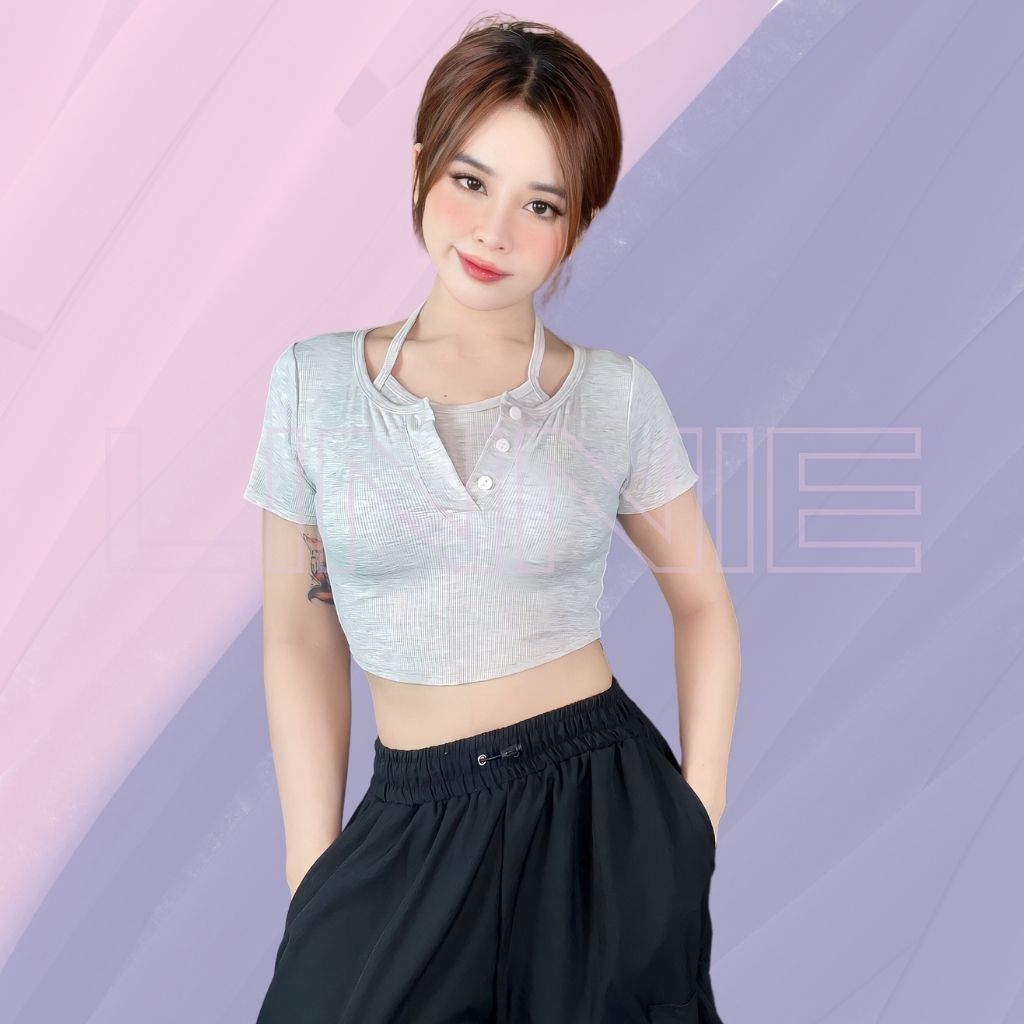 Áo Croptop Ngắn Tay Giả Yếm Linnie - Áo Kiểu Nữ Mặc Hè Vạt Bầu Chất Thun Gân Siêu Xinh C2