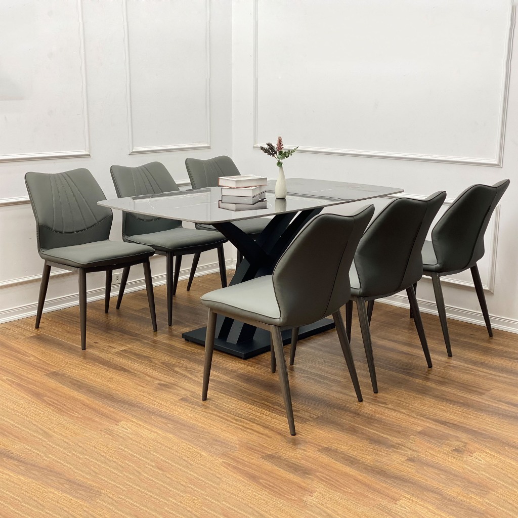Bộ bàn ăn 6 ghế nhập khẩu mặt đá ceramic phủ bóng chống xước, chân chữ X sơn tĩnh điện, ghế da cao cấp - Bảo hành 5 năm