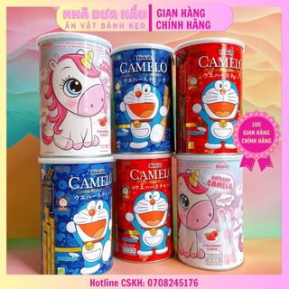 Bánh quế nhân kem Socola/ Cacao đường đen/ Vani dâu CAMELO lon 135gam