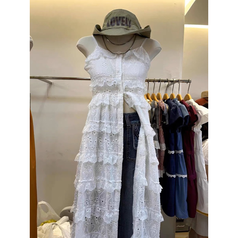 ROSALEE Áo hai dây ren dài xẻ tà phong cách thời trang nữ Clia Top