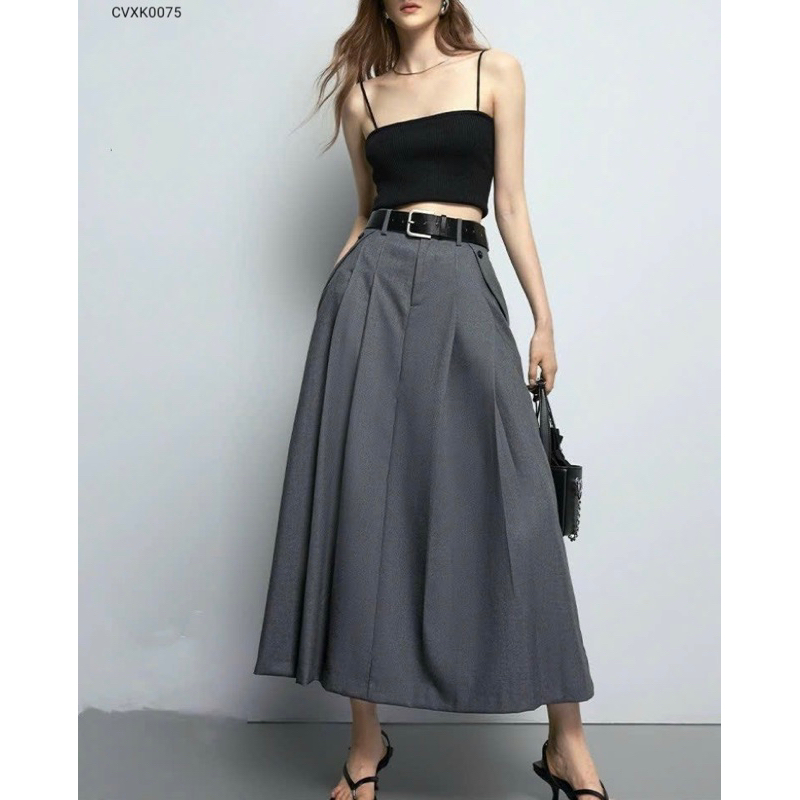 CVXK0075 Chân váy midi xếp ly màu ghi sang chảnh vnxk cho nữ