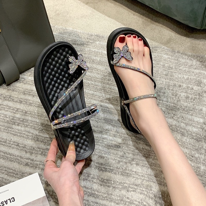 Dép sục sandal đế cao xỏ ngón đính đá đế bằng