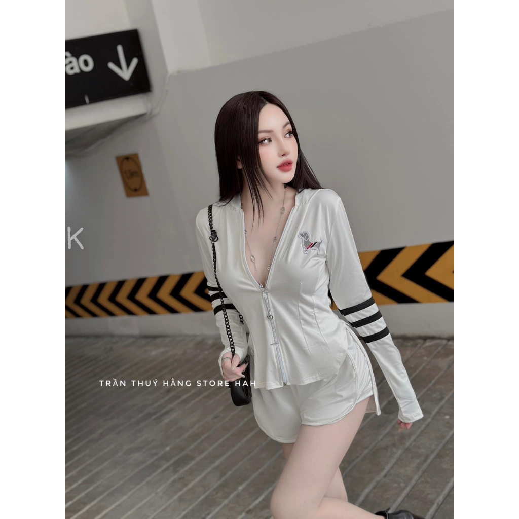 Set bộ thun gân tăm áo có nó tay dài thêu hình cún mix quần đùi ngắn xinh xắn