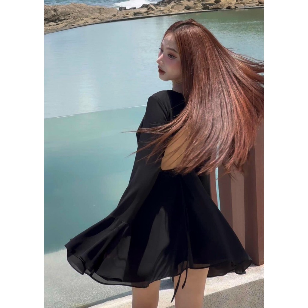 Đầm xòe nữ thun gân tăm kiểu hở lưng tay dài loe form ngắn xinh xắn