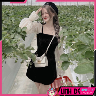Váy đầm nữ tay voan nơ dễ thương chất liệu nhung phối voan tơ nhung mềm mại siêu xinh - Uyên Linh Store